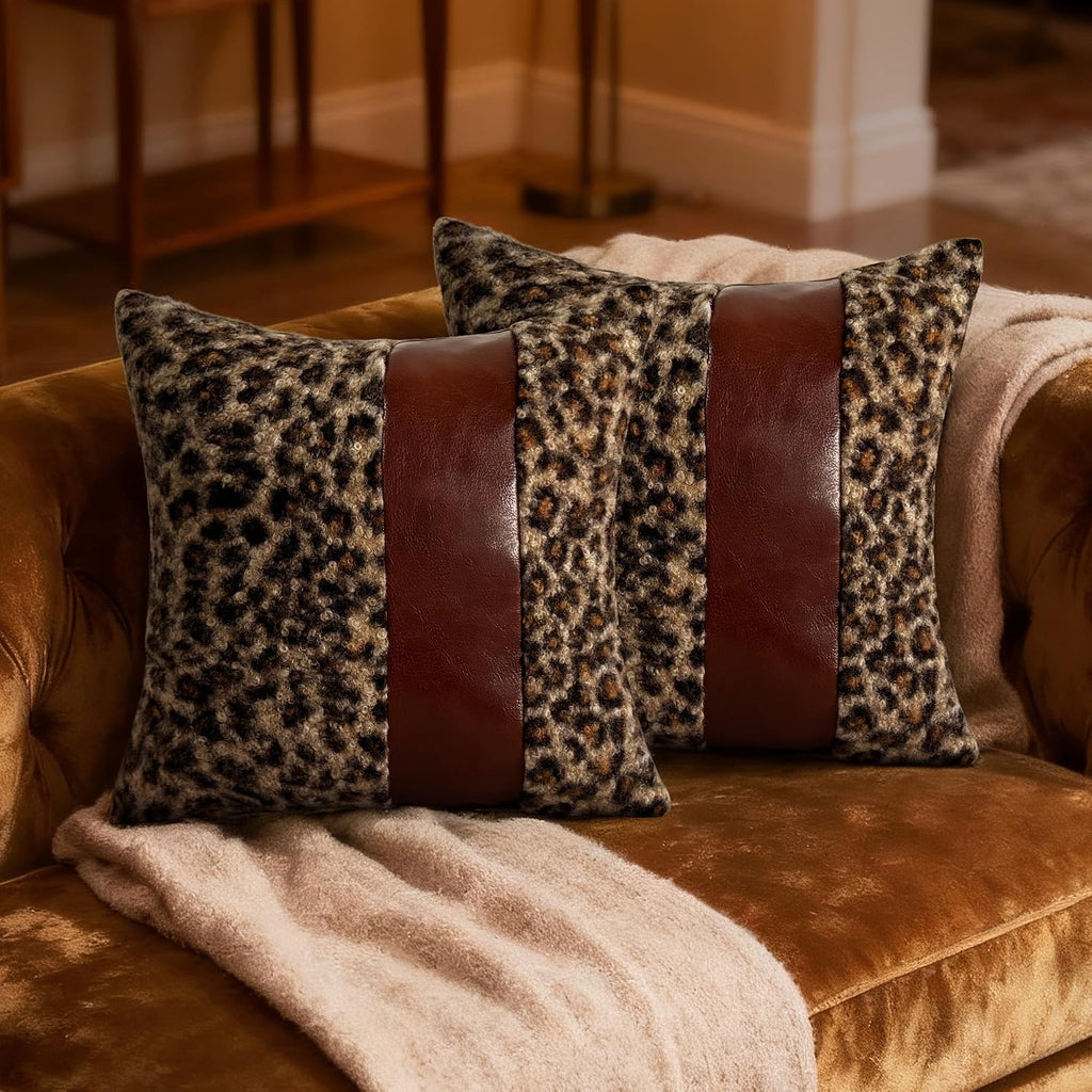 Brown Patchwork Leopard Bouclé Pillow Covers