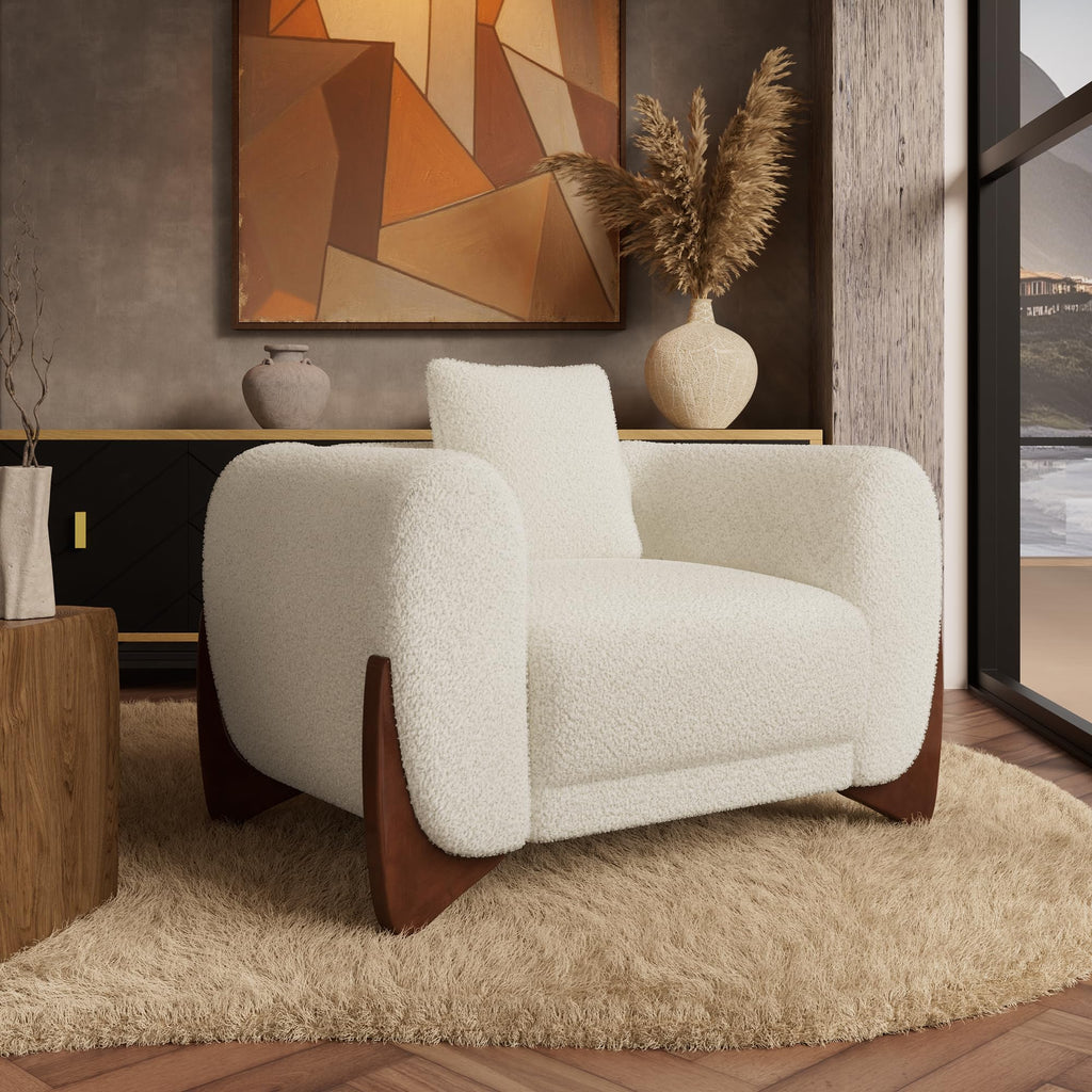 Morden Fort Boucle Chair, Upholstered Accent Chair Tilted Wooden Leg, White