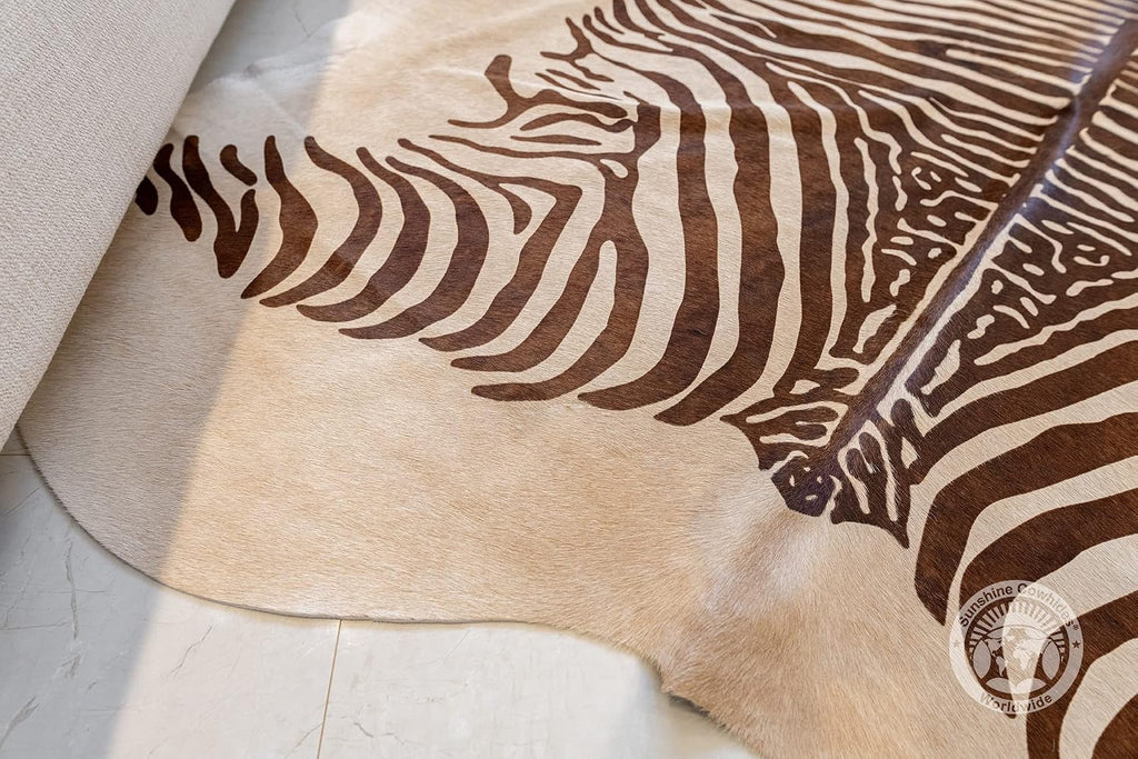 Sunshine Cowhides 100% Genuine Zebra Print Brown on Beige Cowhide Rug - Modern