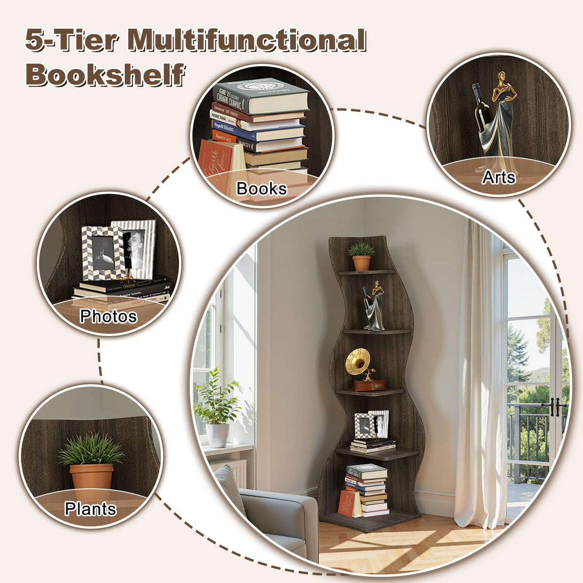 Bookcase Freestanding 71.3" Modern Book Case Display Shelf Tall Bookshelf with S-Shaped Pattern for Bedroom, Home Office, and Living Room, Black