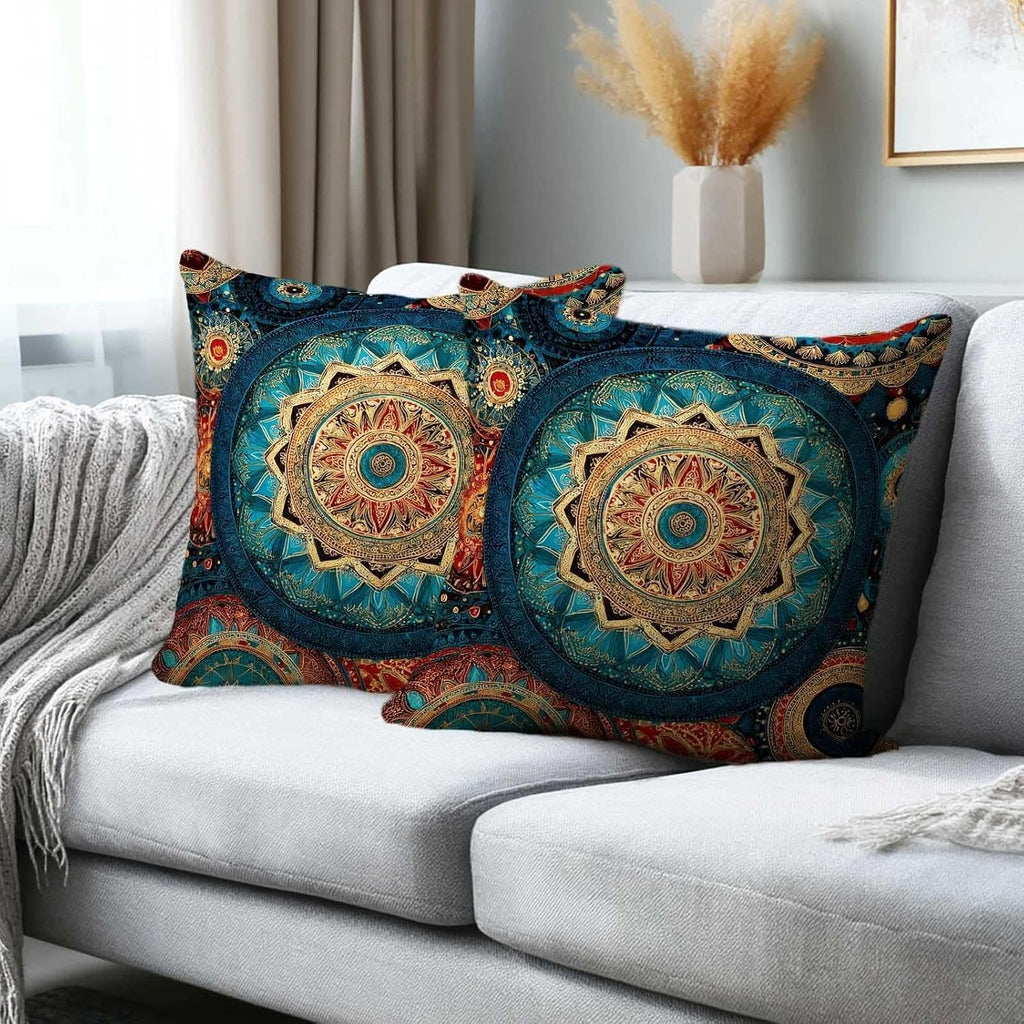 Teal Boho Mandala Throw Pillow Covers 18x18 Set of 2