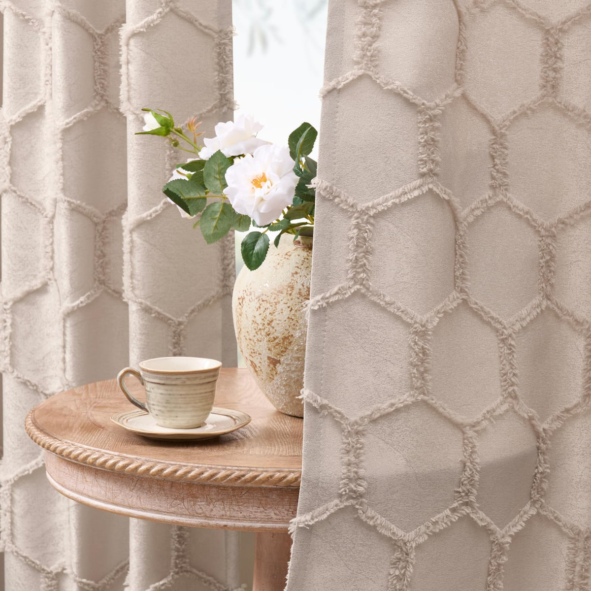 Cream Beige Geometric Jacquard Curtains, Set of Two