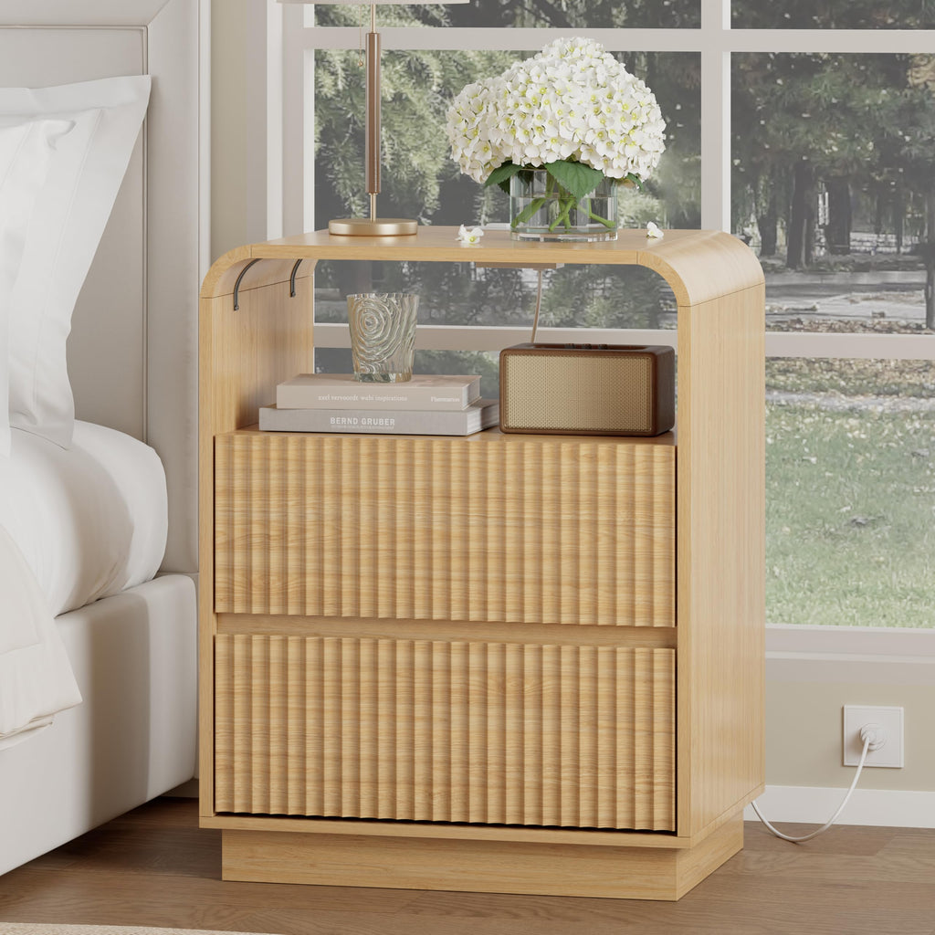 Fluted Nightstands with Charging Station, Set of 2