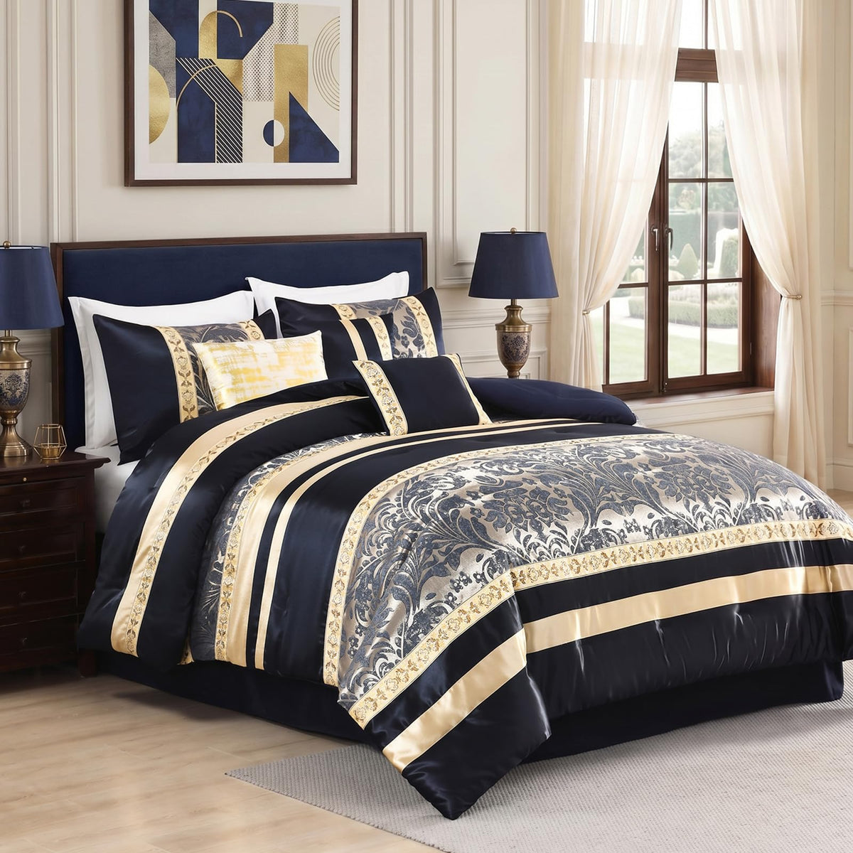 CozyDH Black Gold Jacquard Comforter Set California King, 7PCS Bed in a Bag