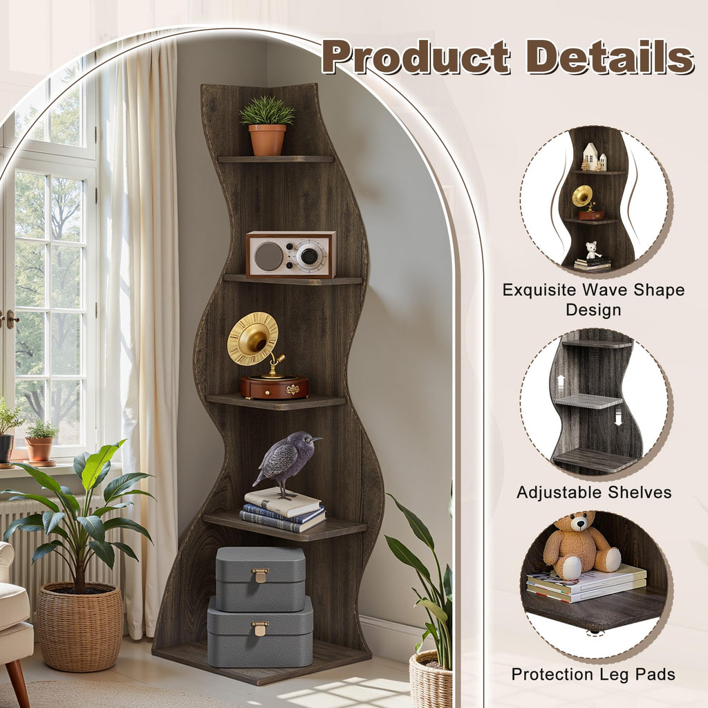 Bookcase Freestanding 71.3" Modern Book Case Display Shelf Tall Bookshelf with S-Shaped Pattern for Bedroom, Home Office, and Living Room, Black