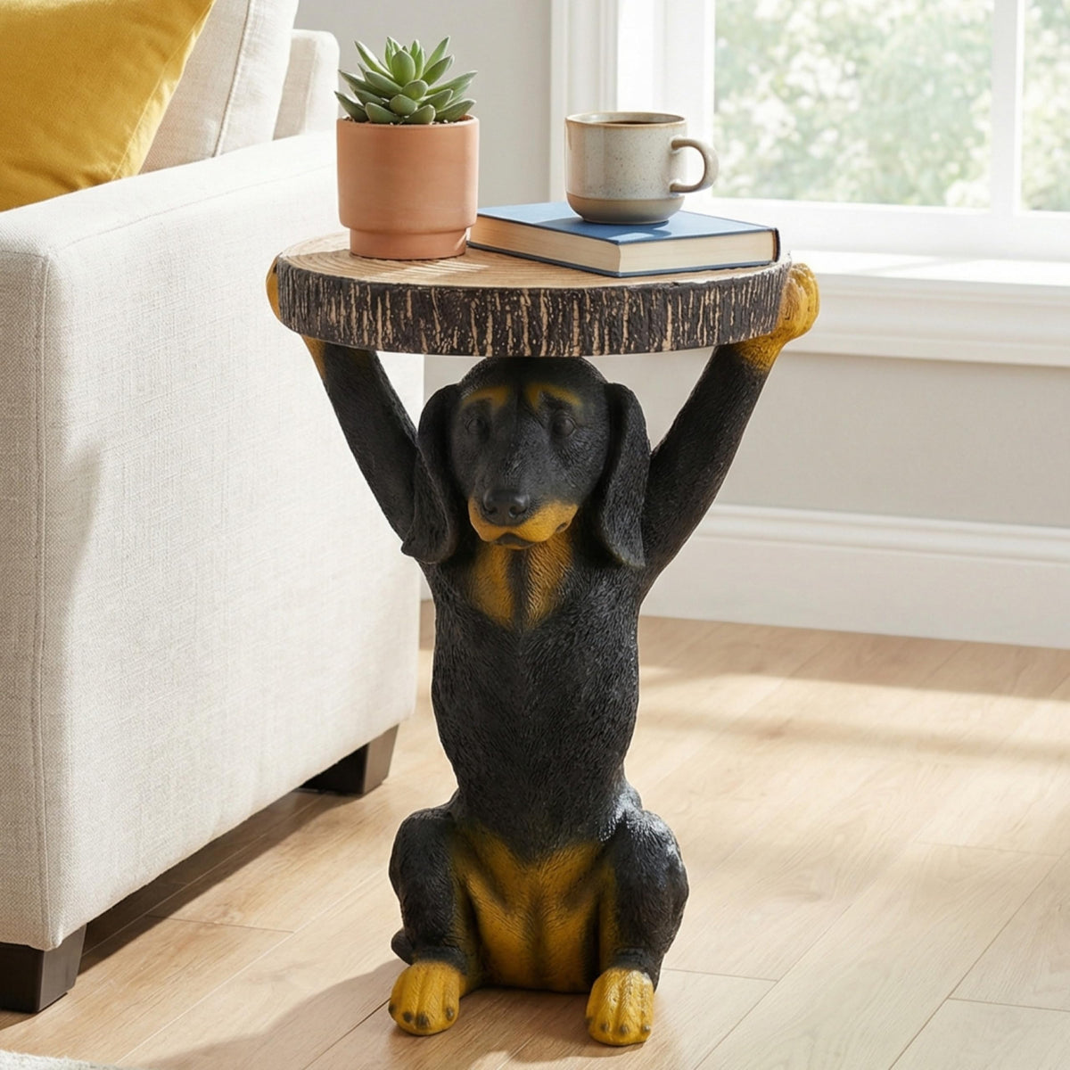 13.4" Cute Pig Side Table w/ Watermelon Top, Resin Plant Stand, Pink+Red