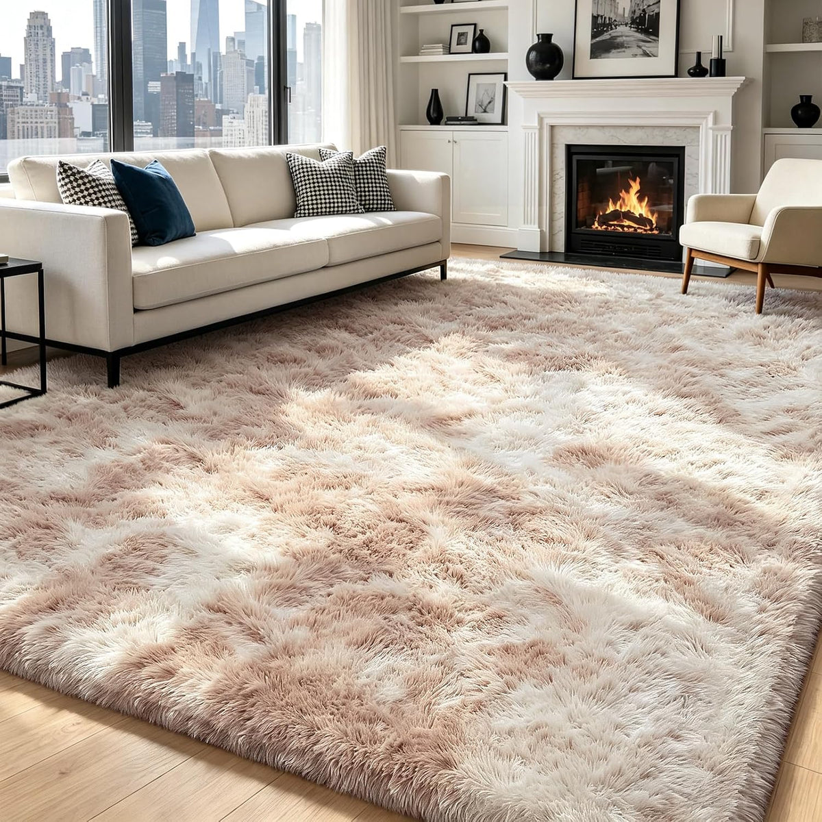 Mottled Beige 9x12 Area Rugs for Living Room, Fluffy Shag Rug Large Carpet