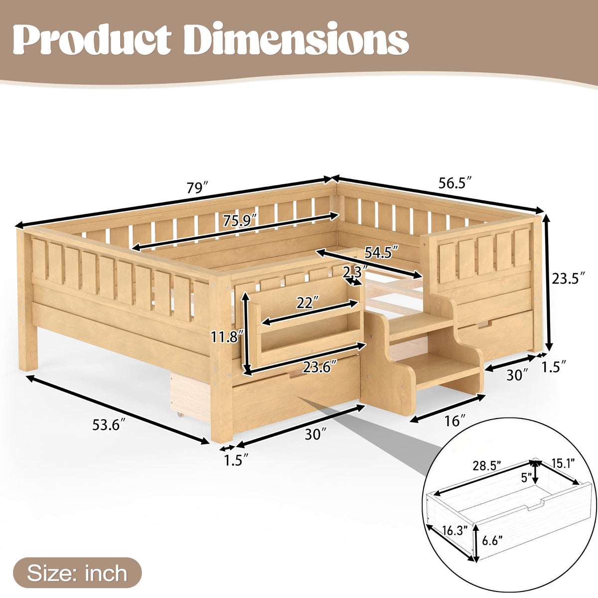 Montessori Bed with Stairs, Bookshelf & Storage Drawers
