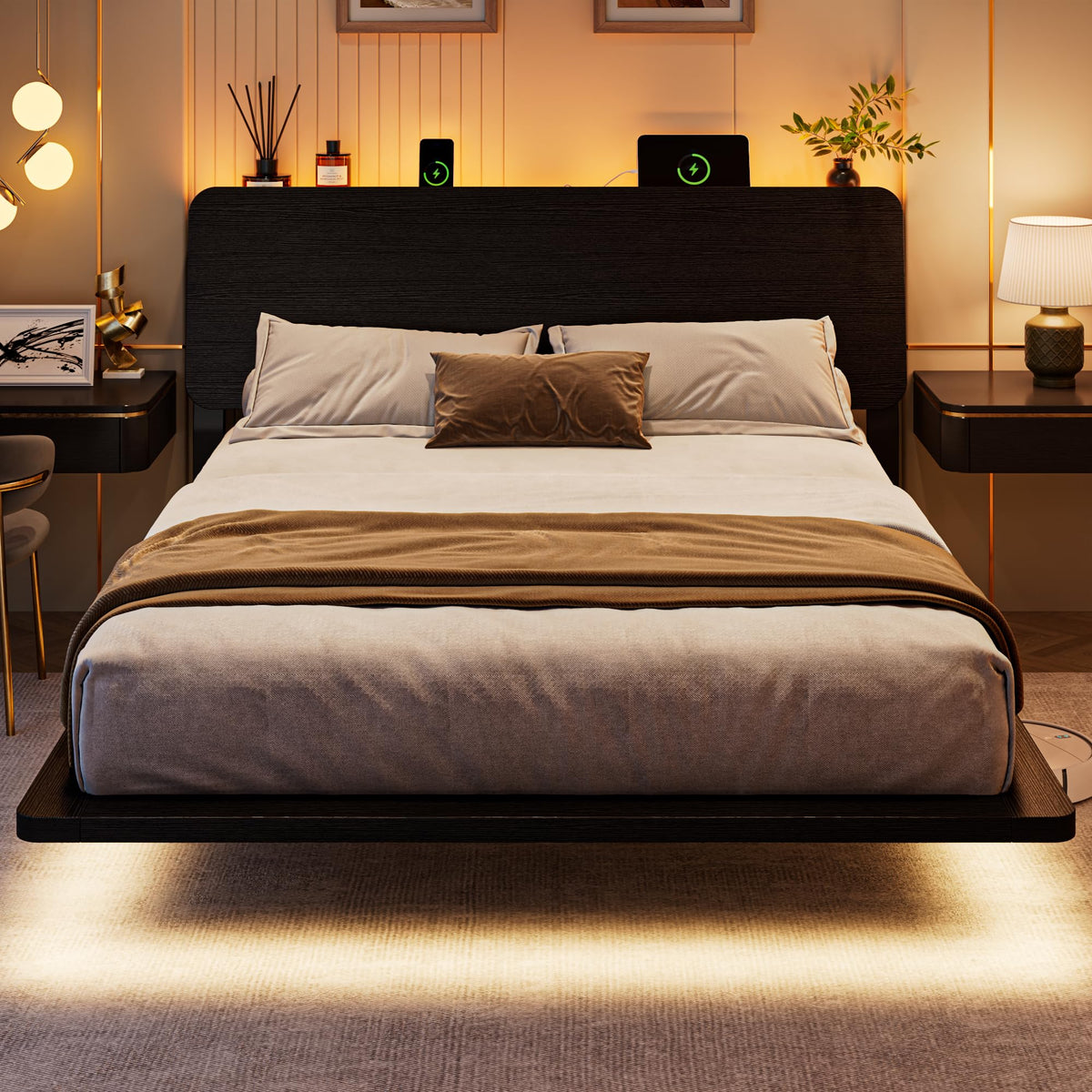 Einhomn Queen Floating Wooden Bed Frame with LED Lights