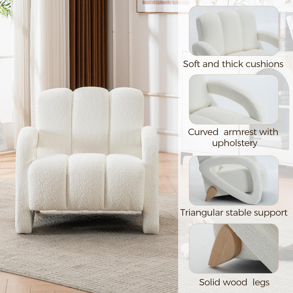 Mid Century Modern Accent Chair Set of 2 with Solid Wood Frame, Upholstered Living Room Chairs with Thick Cushion, Boucle Tufted Armchair for Bedroom, Reading Room, Ivory