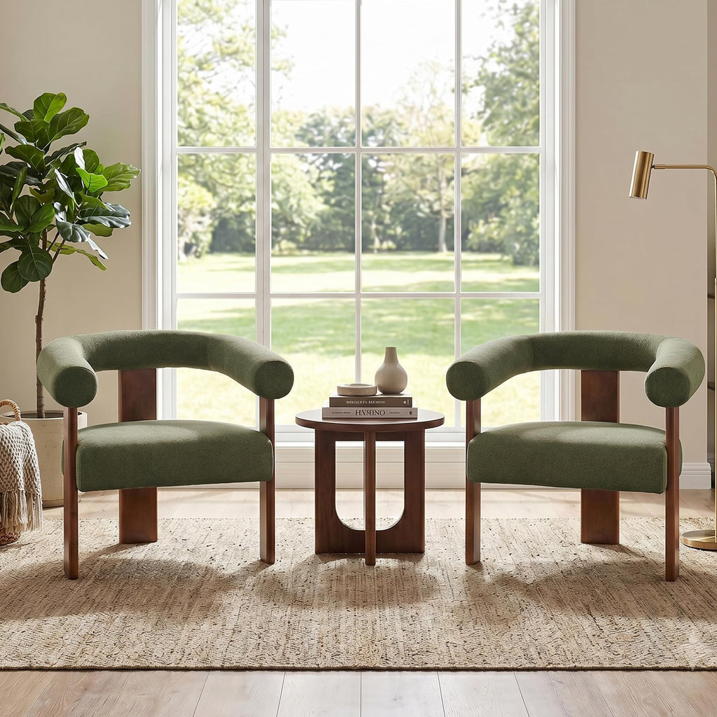 Usaint Upholstered Barrel Accent Chair with Walnut Wood Legs and Armrests