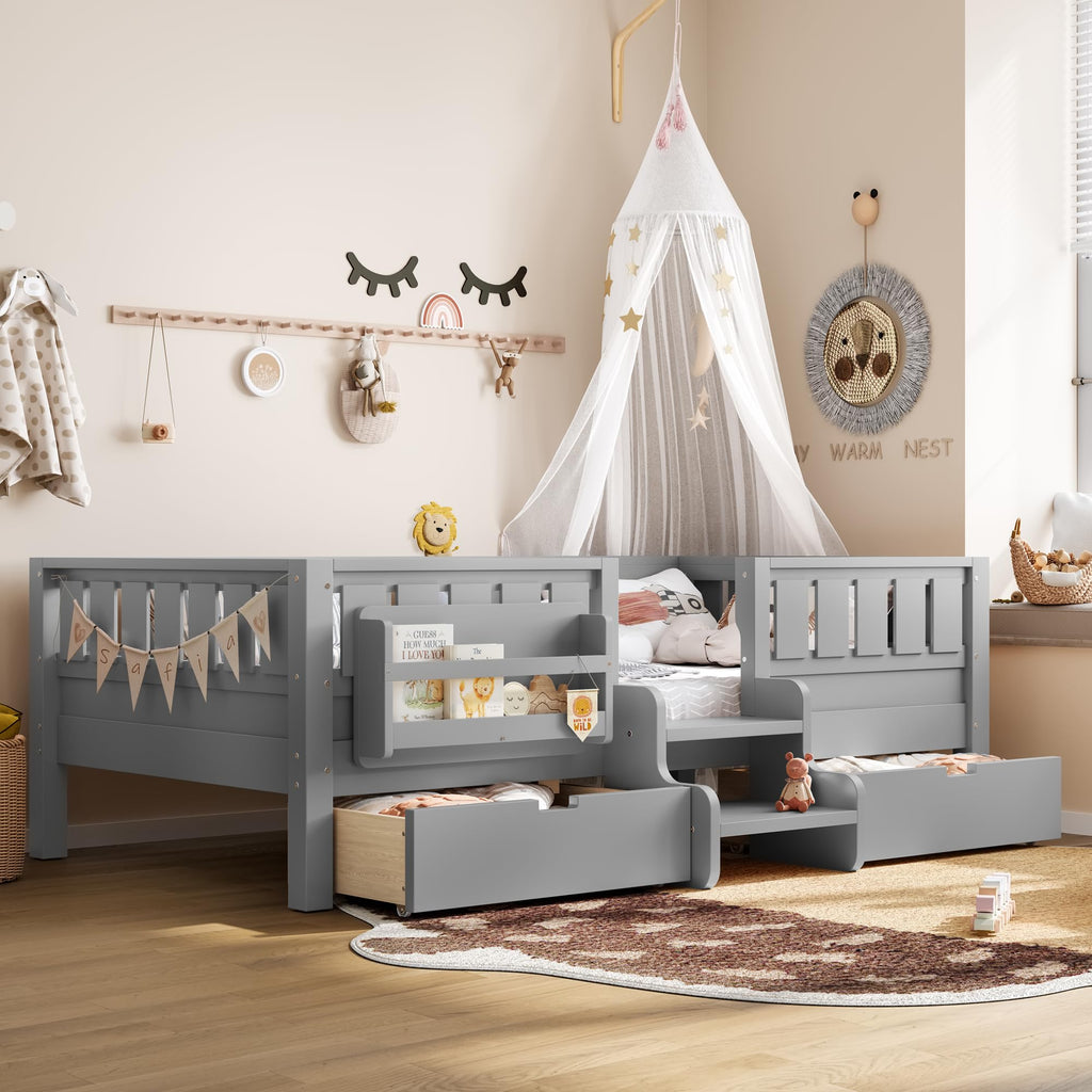 Montessori Bed with Stairs, Bookshelf & Storage Drawers