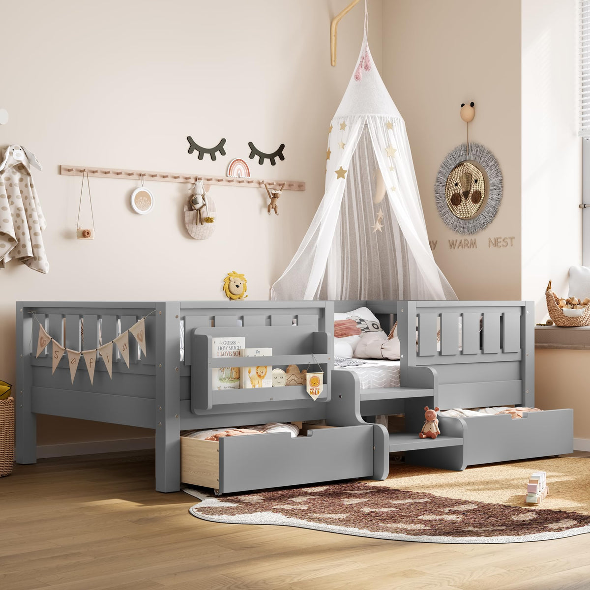Montessori Bed with Stairs, Bookshelf & Storage Drawers