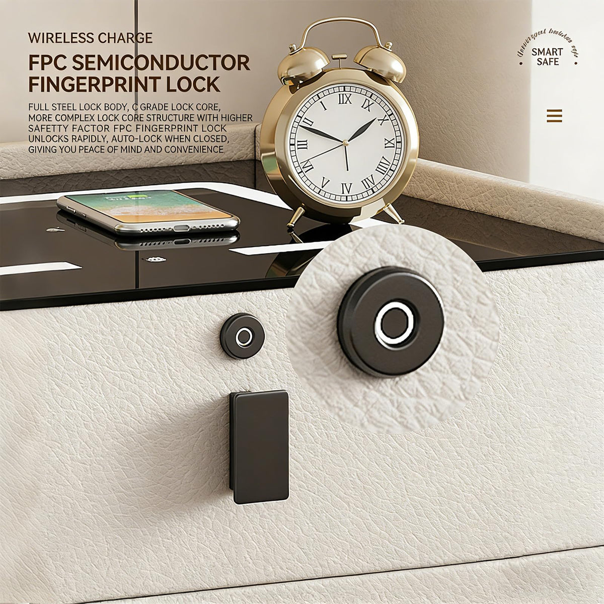 Smart Nightstand with Bluetooth Speaker,Led Nightstands with 3-Drawers and USB-Port,Fingerprint Lock Smart Side Table,3-Colors Lighting Bedside Table