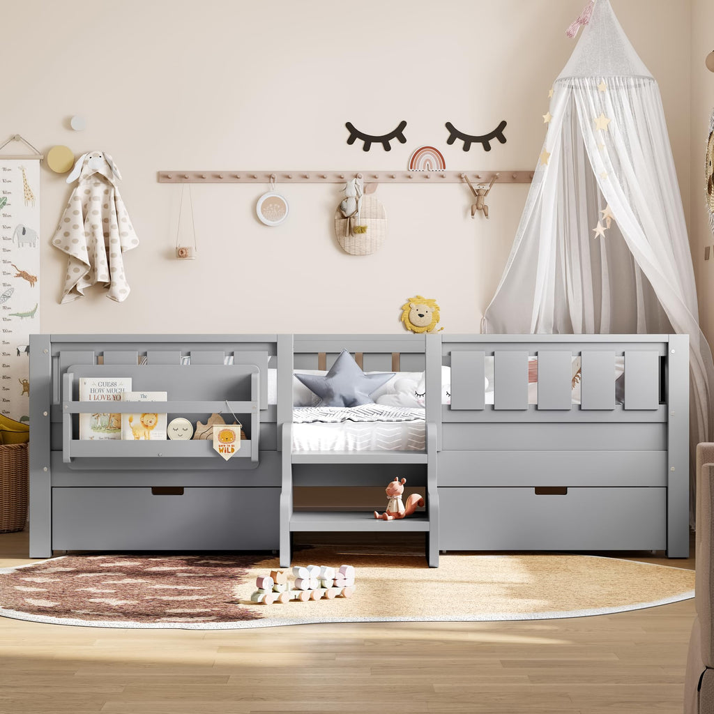 Montessori Bed with Stairs, Bookshelf & Storage Drawers