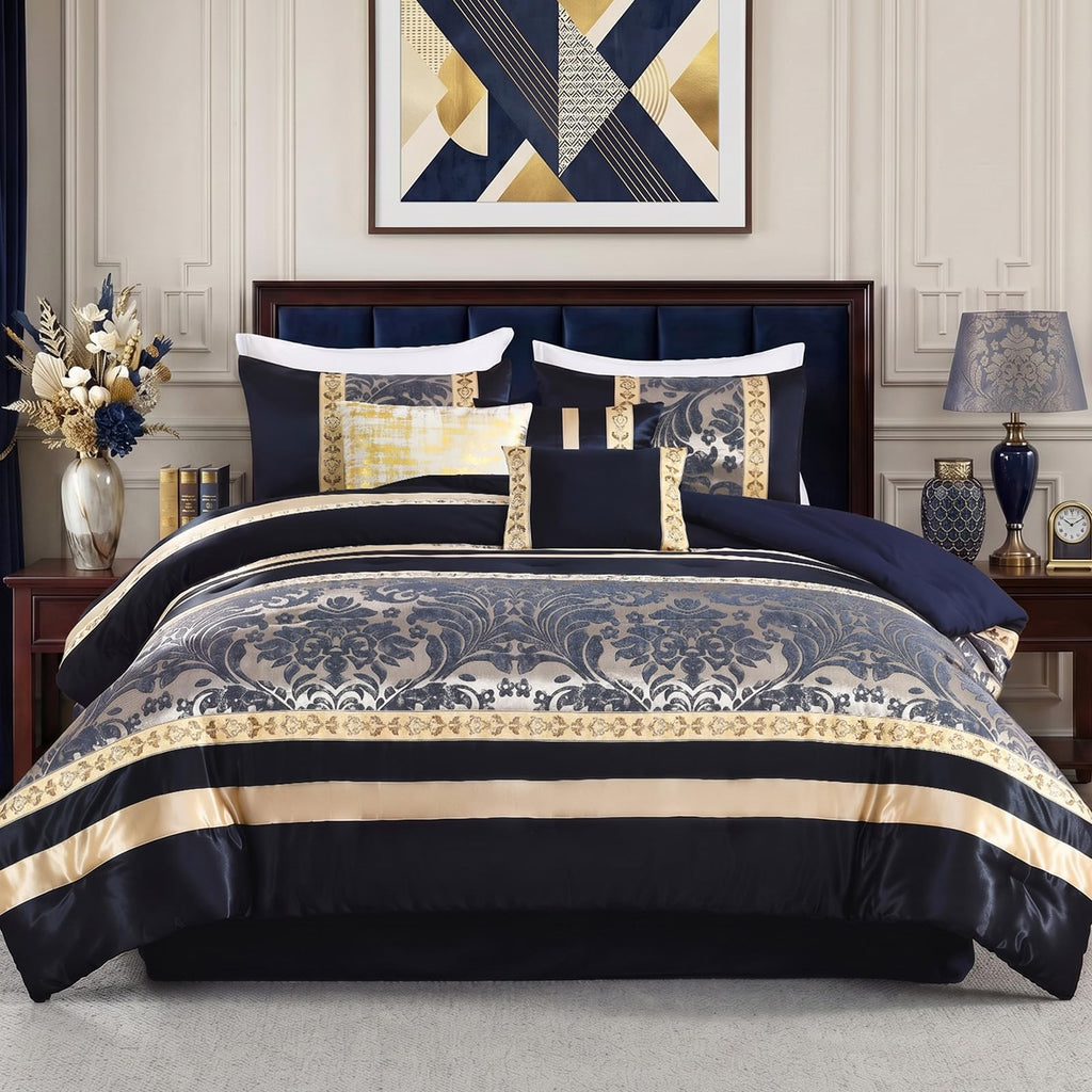 CozyDH Black Gold Jacquard Comforter Set California King, 7PCS Bed in a Bag
