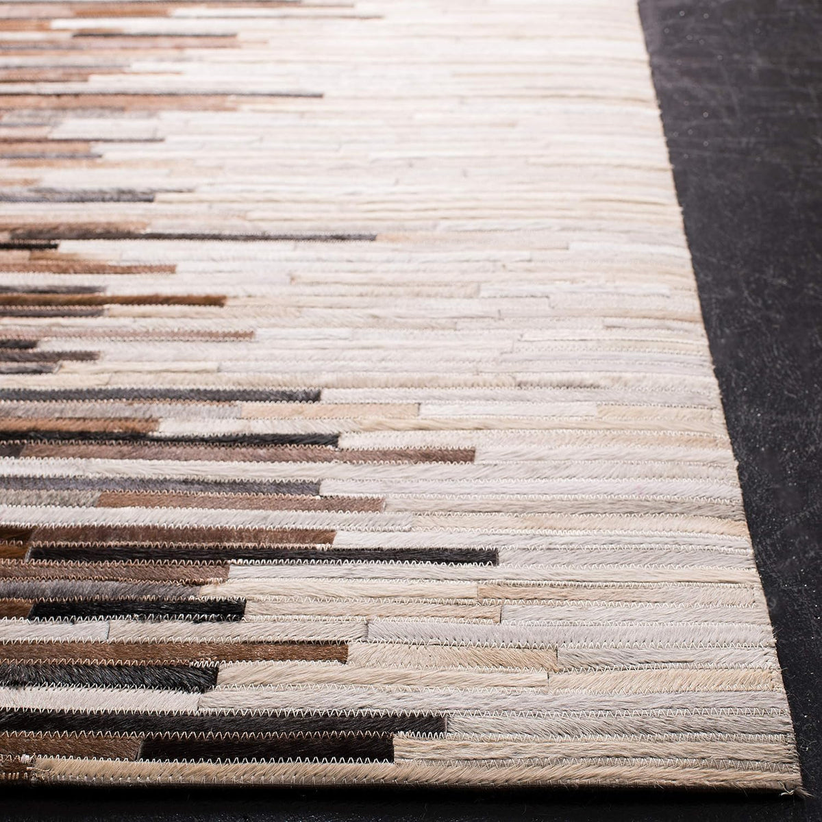 Beige Cowhide Patchwork Rug – Handmade Linear Leather Area Rug – Modern