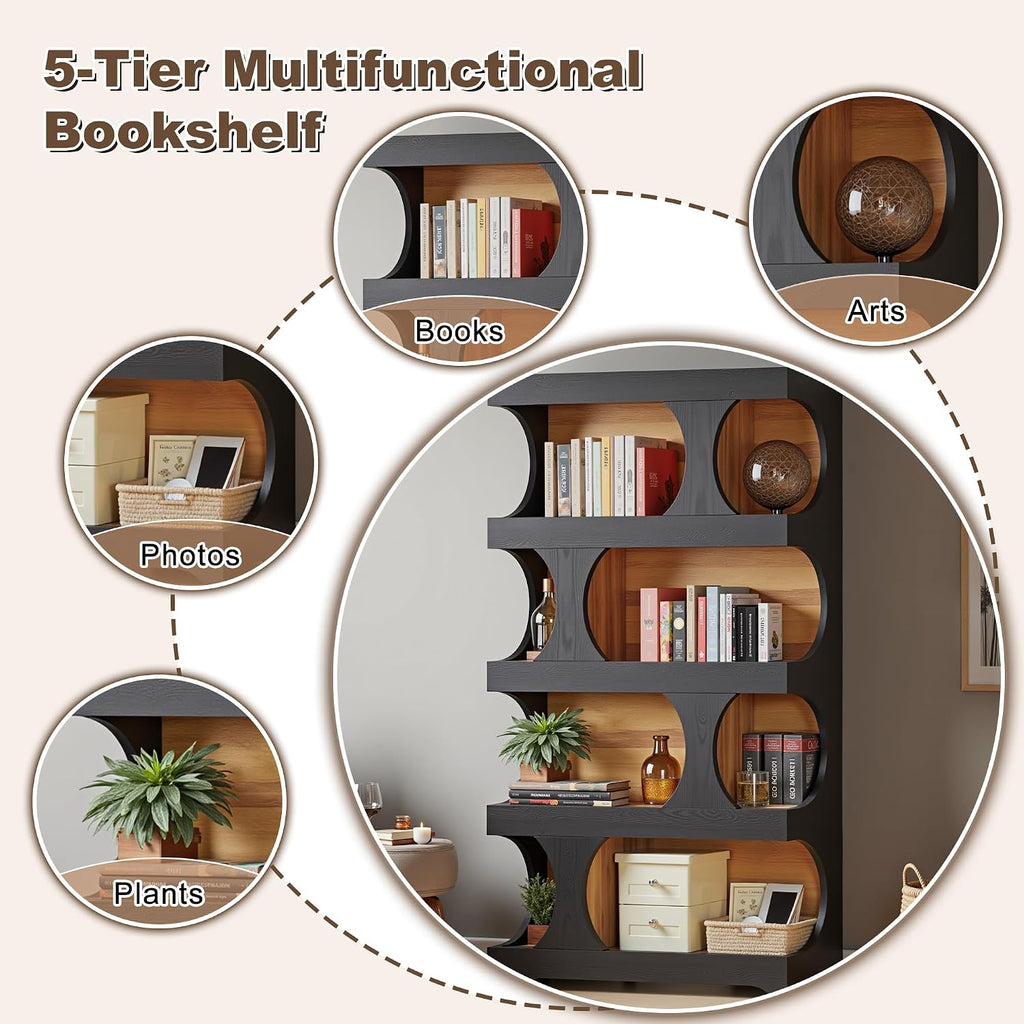 Bookcase Freestanding 71.3" Modern Book Case Display Shelf Tall Bookshelf with S-Shaped Pattern for Bedroom, Home Office, and Living Room, Black