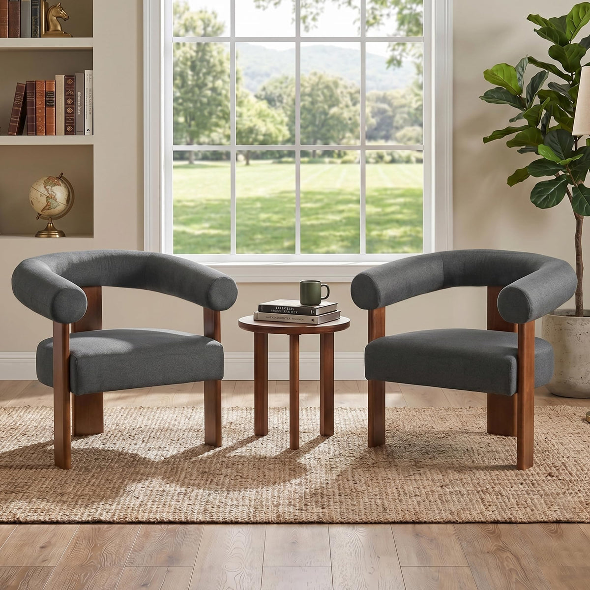 Usaint Upholstered Barrel Accent Chair with Walnut Wood Legs and Armrests