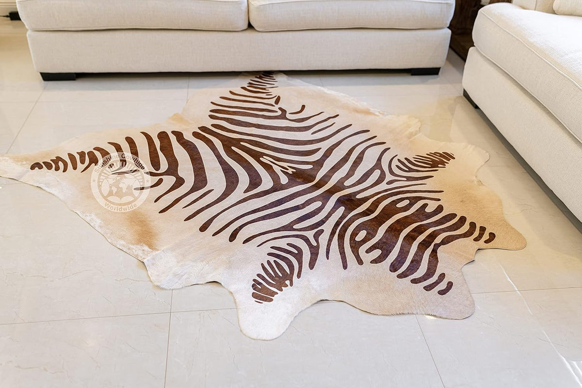 Sunshine Cowhides 100% Genuine Zebra Print Brown on Beige Cowhide Rug - Modern