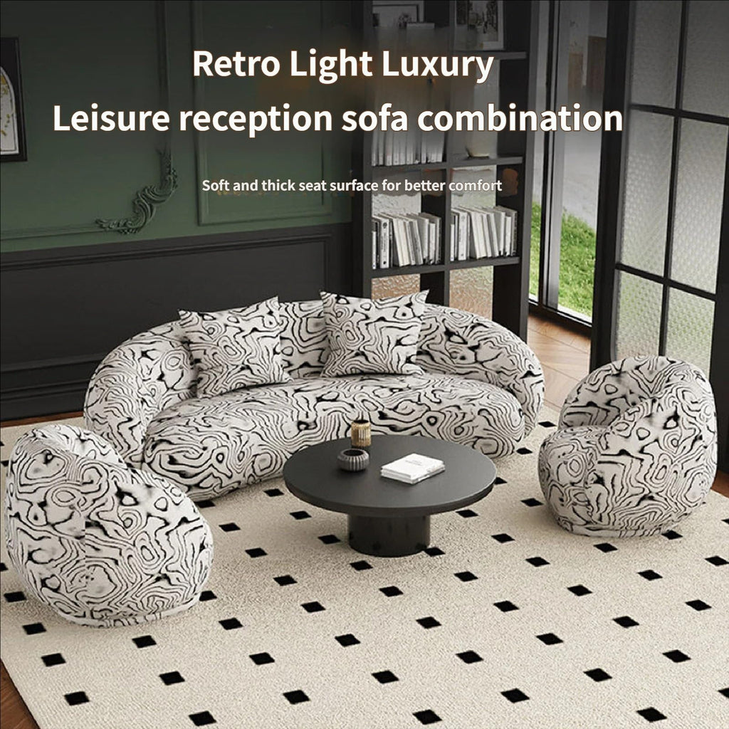 Mid-Century Modern Lounge Chair and Table Set, Tufted Fabric Sofa with Marble Tabletop for Hotel Lobby, Cafe, Reception(M)