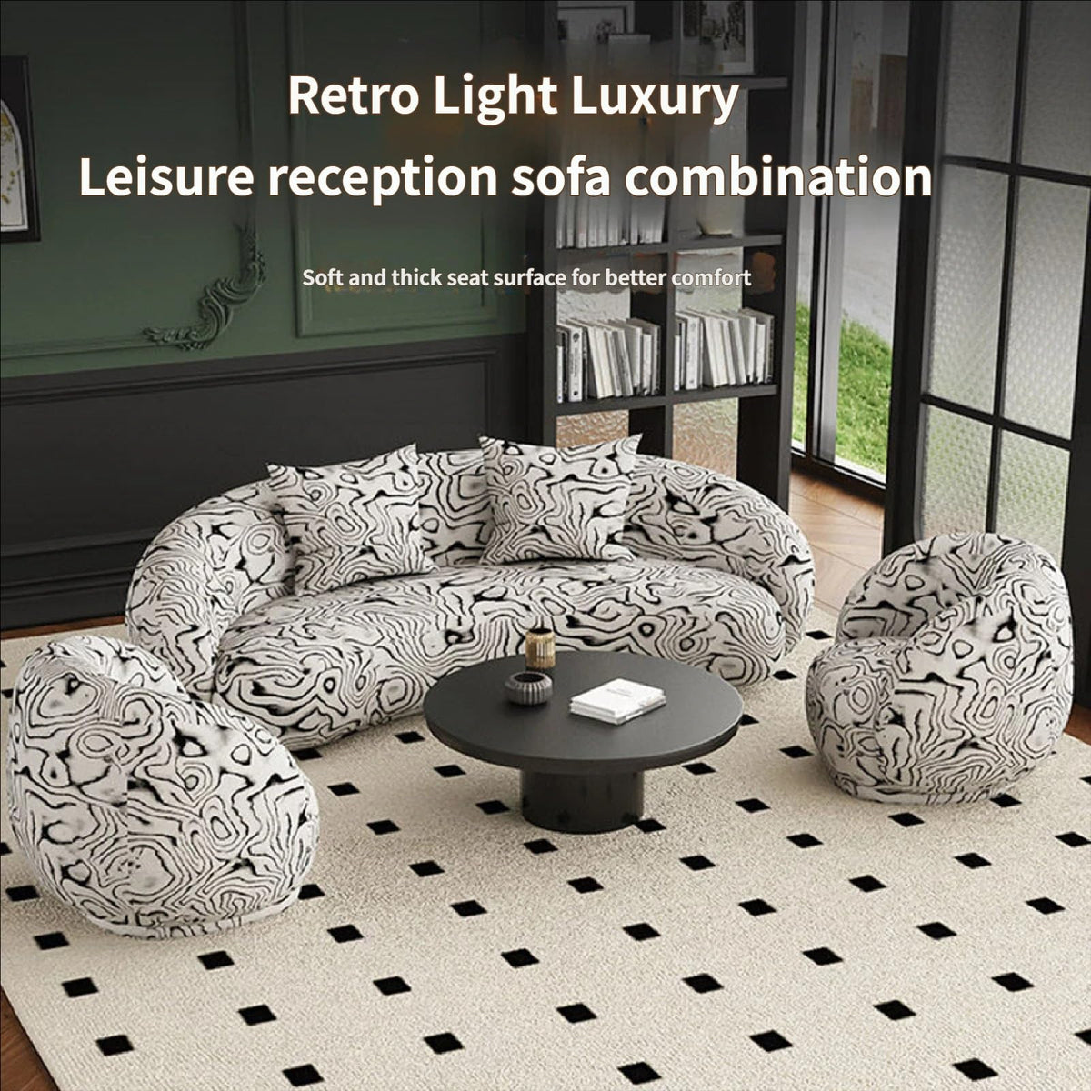 Mid-Century Modern Lounge Chair and Table Set, Tufted Fabric Sofa with Marble Tabletop for Hotel Lobby, Cafe, Reception(M)