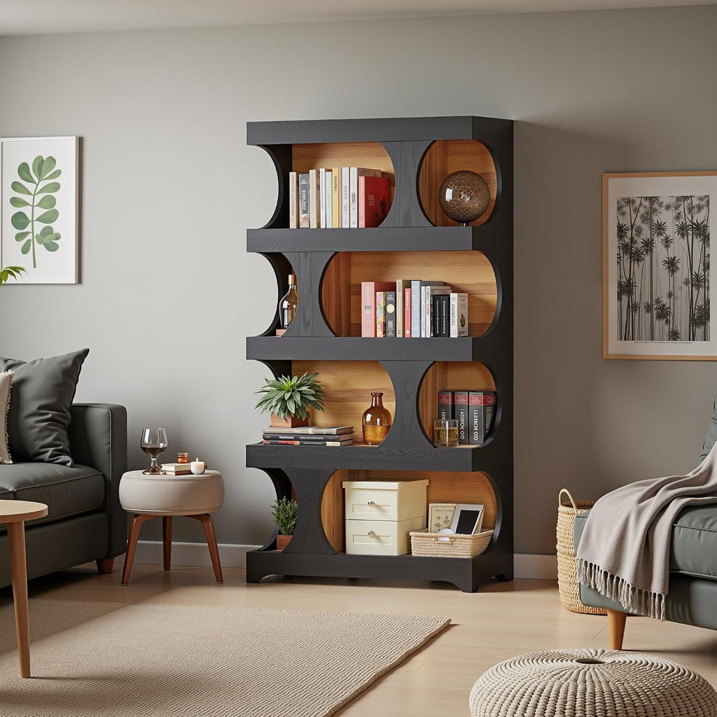 Bookcase Freestanding 71.3" Modern Book Case Display Shelf Tall Bookshelf with S-Shaped Pattern for Bedroom, Home Office, and Living Room, Black