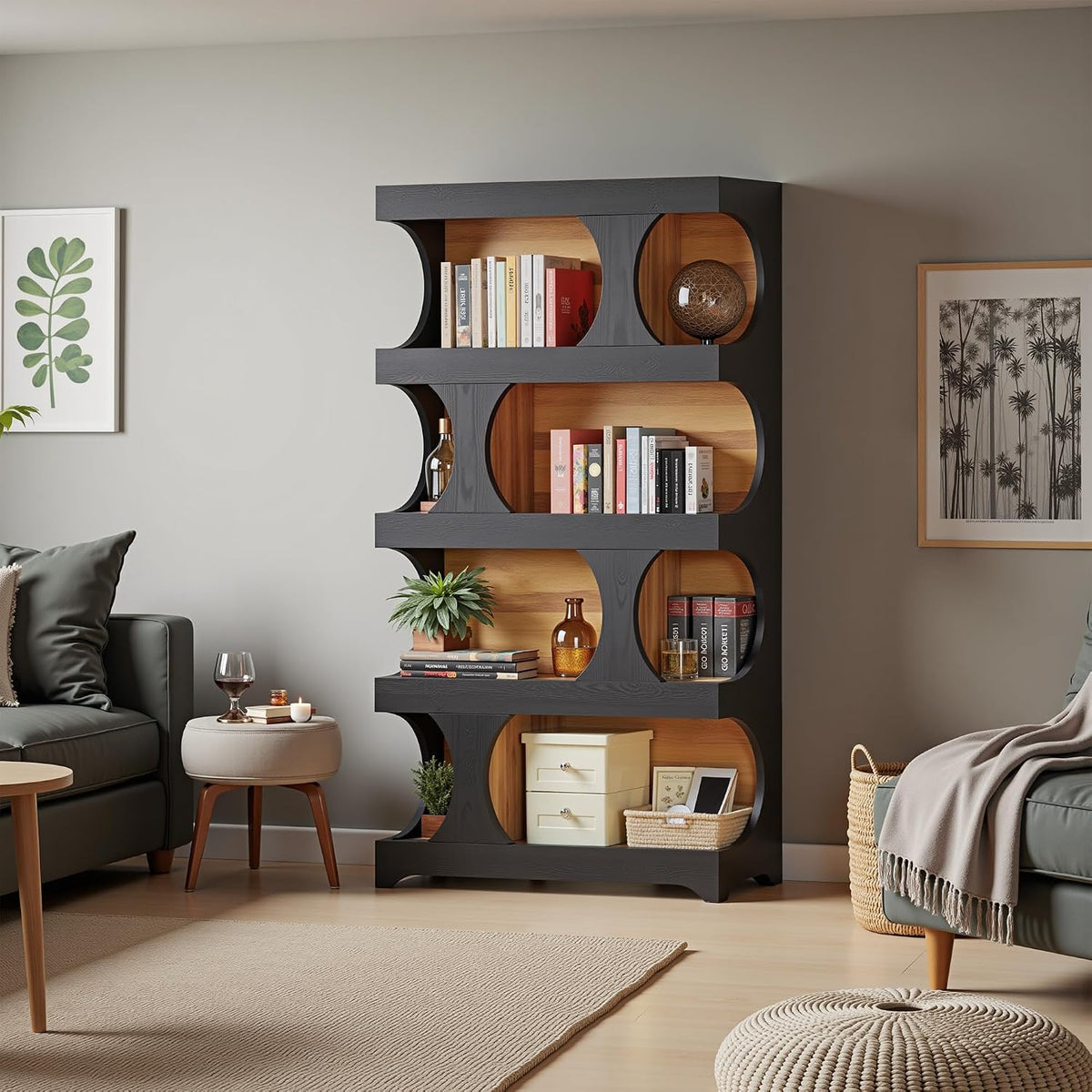 Bookcase Freestanding 71.3" Modern Book Case Display Shelf Tall Bookshelf with S-Shaped Pattern for Bedroom, Home Office, and Living Room, Black