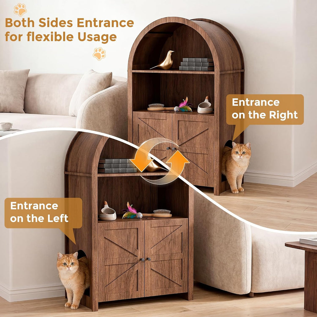 Cat Litter Box Enclosure Furniture with Doors and 2 Open Cubby Large Hidden Litter Box Cabinet Modern Wood Cat Washroom Pet House for Living Room Bedroom Entryway Hallway