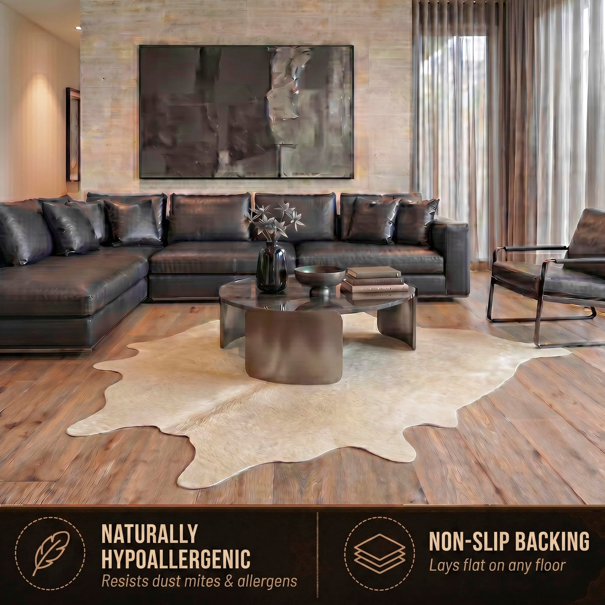 Natural Geneva Cowhide Area Rug, Off-White, 6 ft x 7 ft