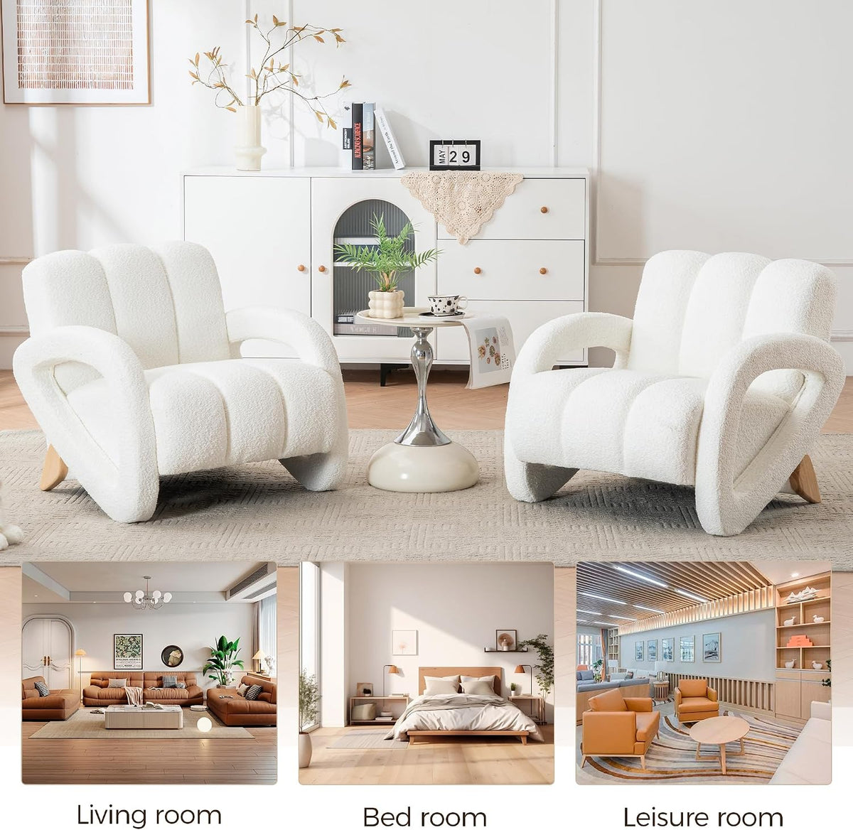 Mid Century Modern Accent Chair Set of 2 with Solid Wood Frame, Upholstered Living Room Chairs with Thick Cushion, Boucle Tufted Armchair for Bedroom, Reading Room, Ivory