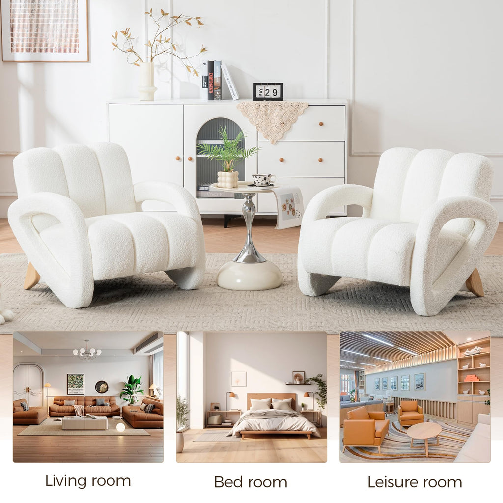 Mid Century Modern Accent Chair Set of 2 with Solid Wood Frame, Upholstered Living Room Chairs with Thick Cushion, Boucle Tufted Armchair for Bedroom, Reading Room, Ivory