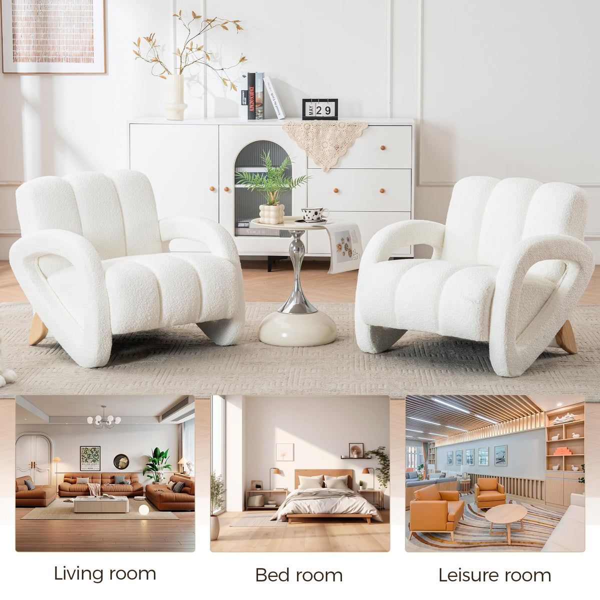 Mid Century Modern Accent Chair Set of 2 with Solid Wood Frame, Upholstered Living Room Chairs with Thick Cushion, Boucle Tufted Armchair for Bedroom, Reading Room, Ivory