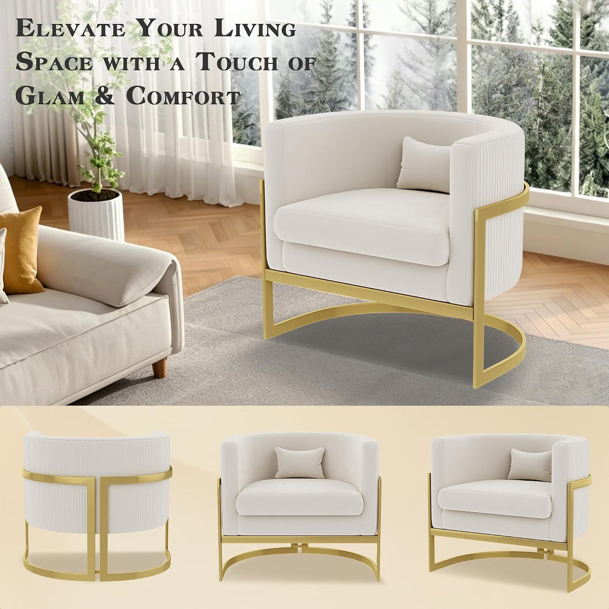Velvet Accent Chair Ivory Modern Barrel Chair with Gold Legs