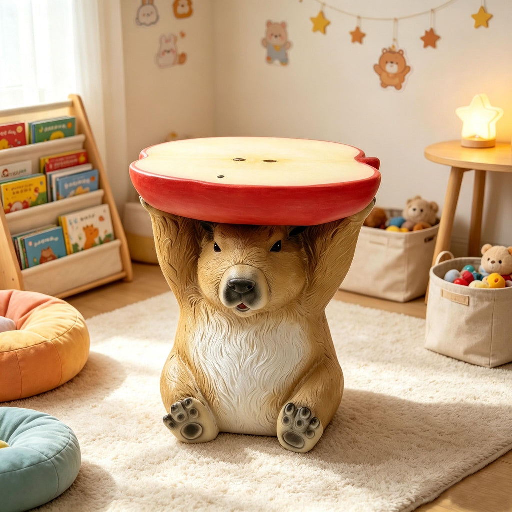 13.4" Cute Pig Side Table w/ Watermelon Top, Resin Plant Stand, Pink+Red