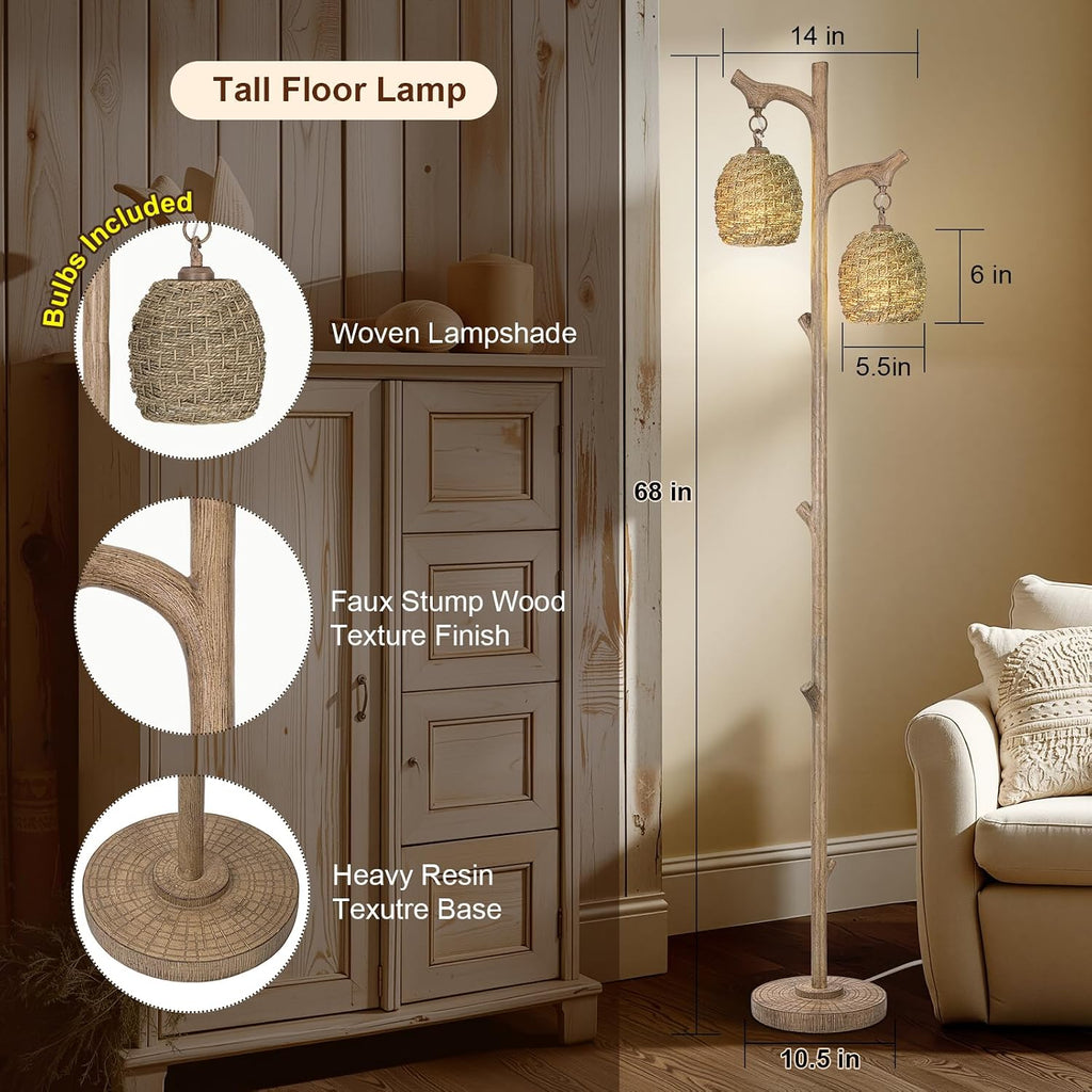 Scenekoy Vintage 68” Tall Resin Floor Lamp with Straw Rope Woven Shade
