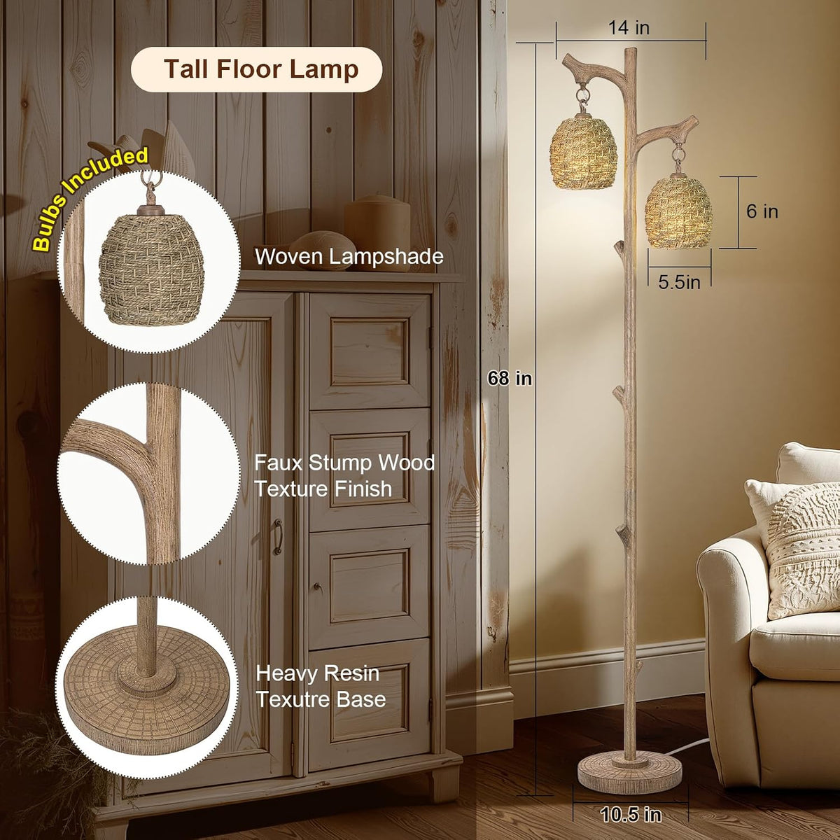 Scenekoy Vintage 68” Tall Resin Floor Lamp with Straw Rope Woven Shade