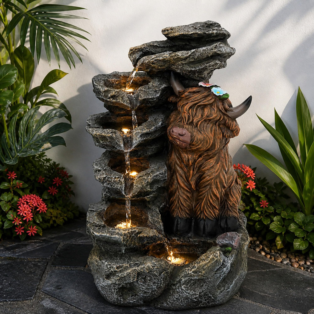 23" H Tiki Statue Outdoor Water Fountain with LED Lights
