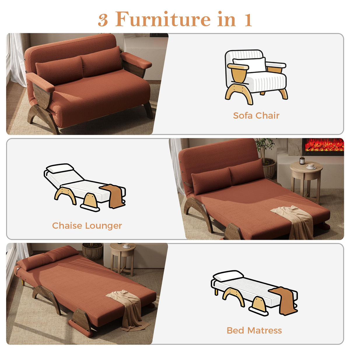 JASIWAY 47" 3-in-1 Convertible Sofa Sleeper Chair Bed for Adults, Futon