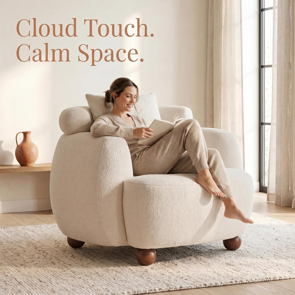 Compact 38in Solid American White Oak Fabric Nordic Style Lazy Chair Pillow for Living Room Home Office Relaxation