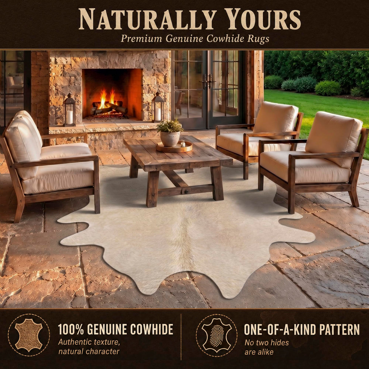 Natural Geneva Cowhide Area Rug, Off-White, 6 ft x 7 ft