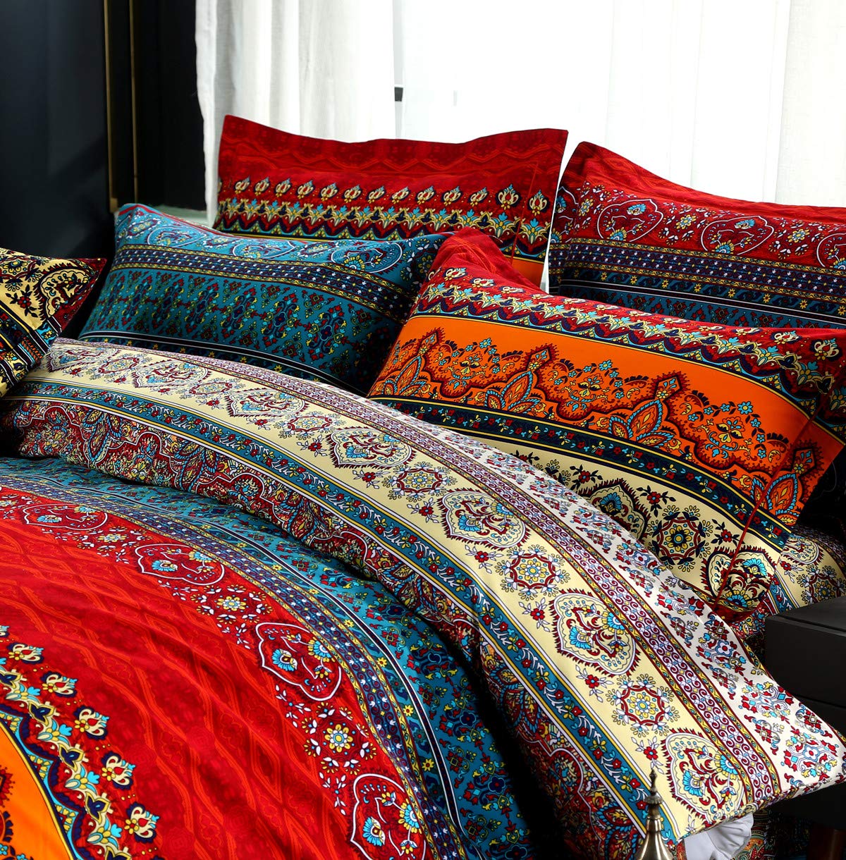 Brushed Cotton Bohemian Duvet Cover and Fitted Sheet Sets Queen Size 4 Pieces