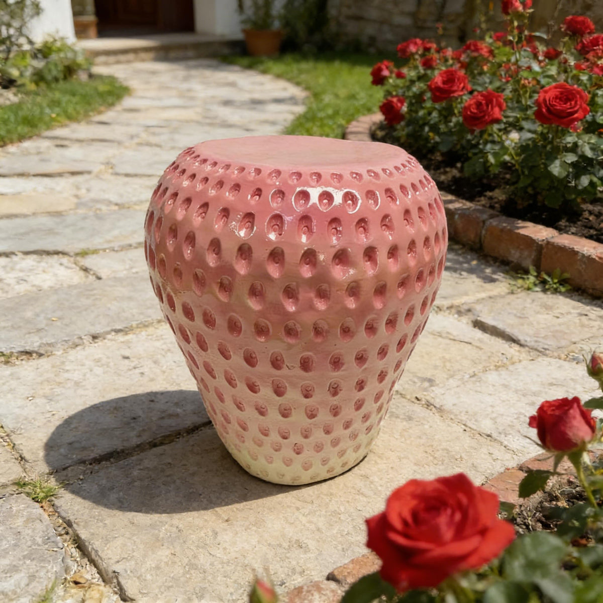 13.4" Cute Pig Side Table w/ Watermelon Top, Resin Plant Stand, Pink+Red