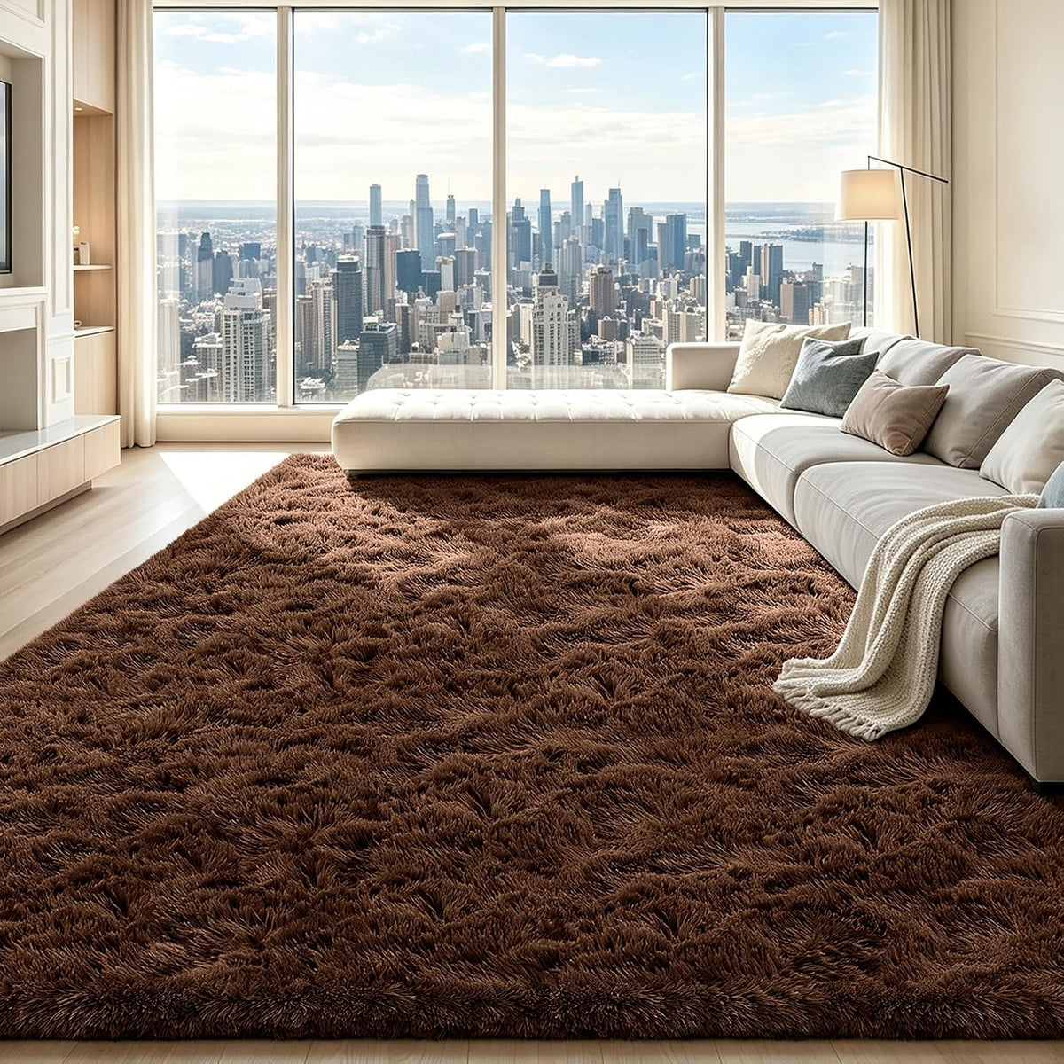 Mottled Beige 9x12 Area Rugs for Living Room, Fluffy Shag Rug Large Carpet