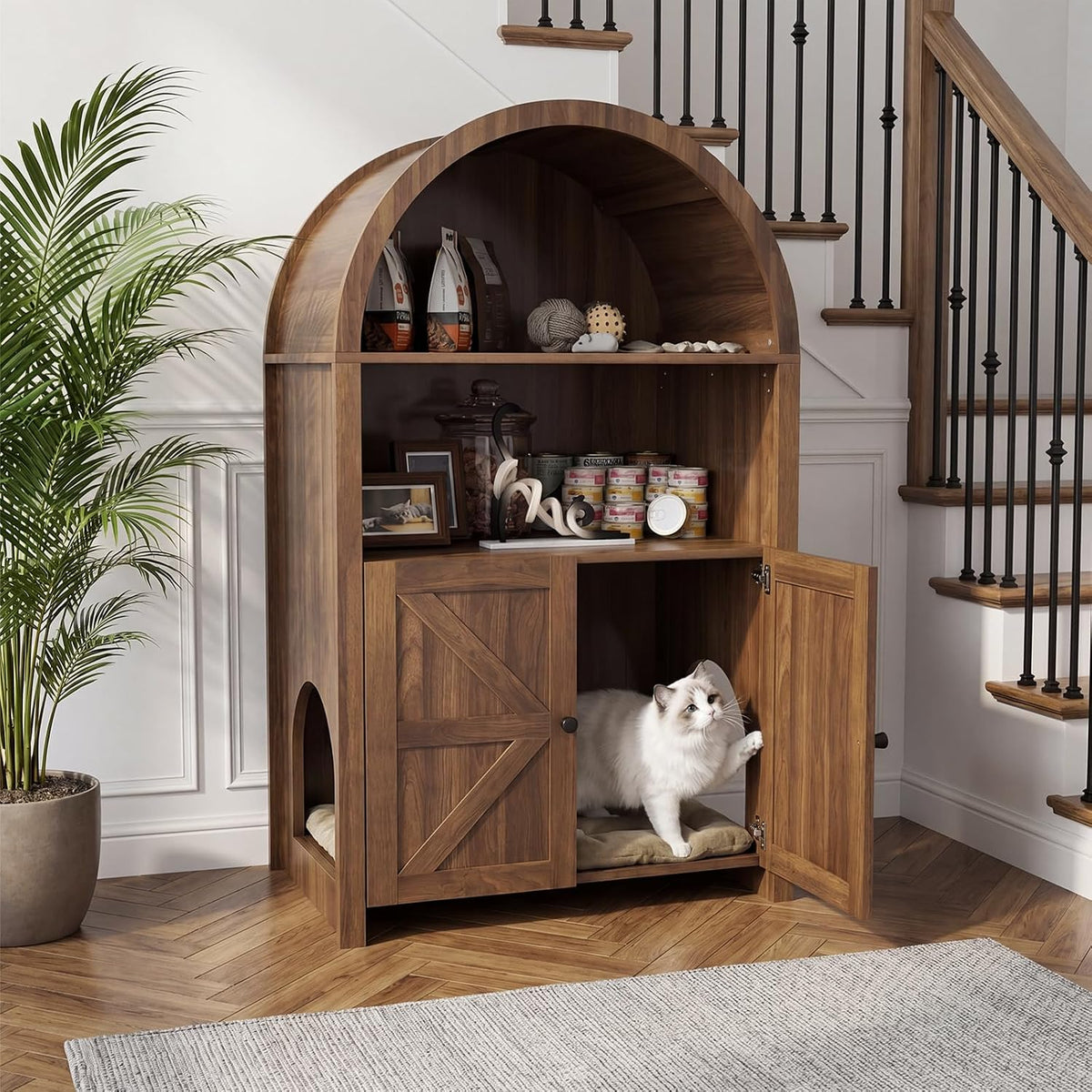 Cat Litter Box Enclosure Furniture with Doors and 2 Open Cubby Large Hidden Litter Box Cabinet Modern Wood Cat Washroom Pet House for Living Room Bedroom Entryway Hallway