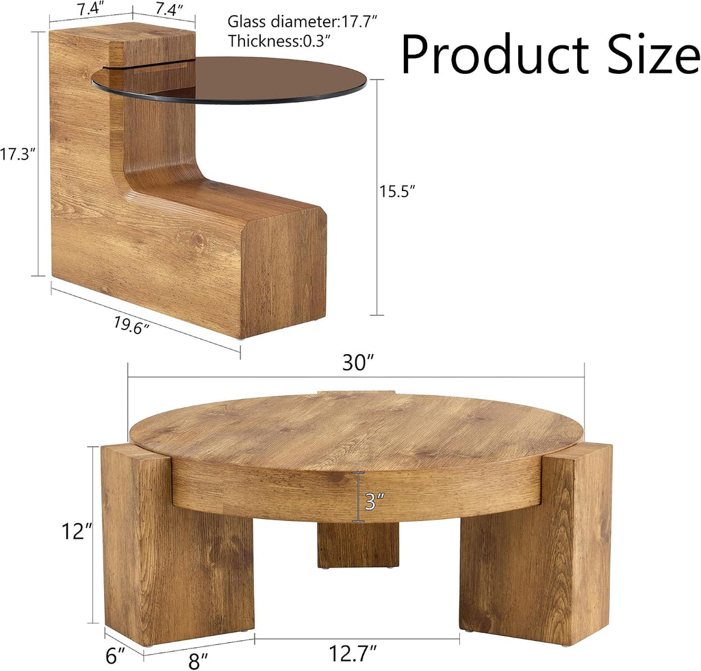 Modern Coffee Table with End Table Set, 30 Inch Combination Wooden Round Coffee Table Minimalist Center Table for Living Room, Bedroom, Office