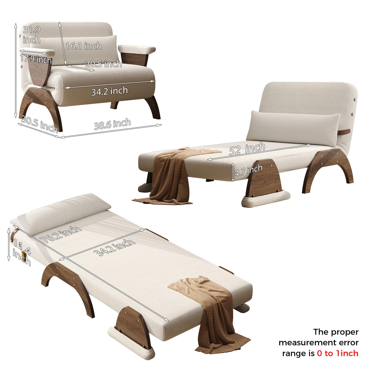 JASIWAY 47" 3-in-1 Convertible Sofa Sleeper Chair Bed for Adults, Futon