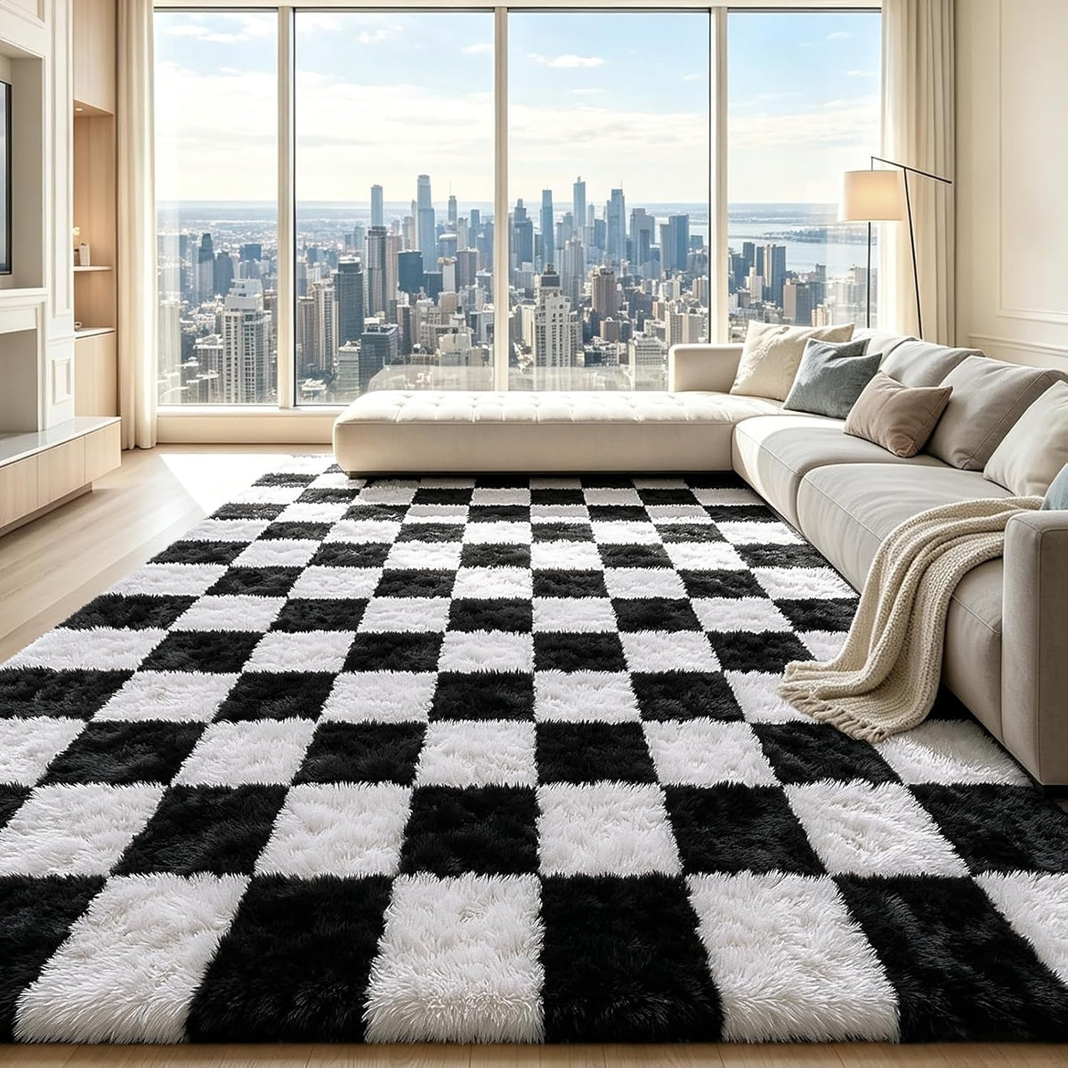 Mottled Beige 9x12 Area Rugs for Living Room, Fluffy Shag Rug Large Carpet