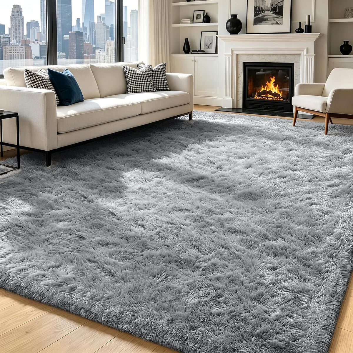 Mottled Beige 9x12 Area Rugs for Living Room, Fluffy Shag Rug Large Carpet