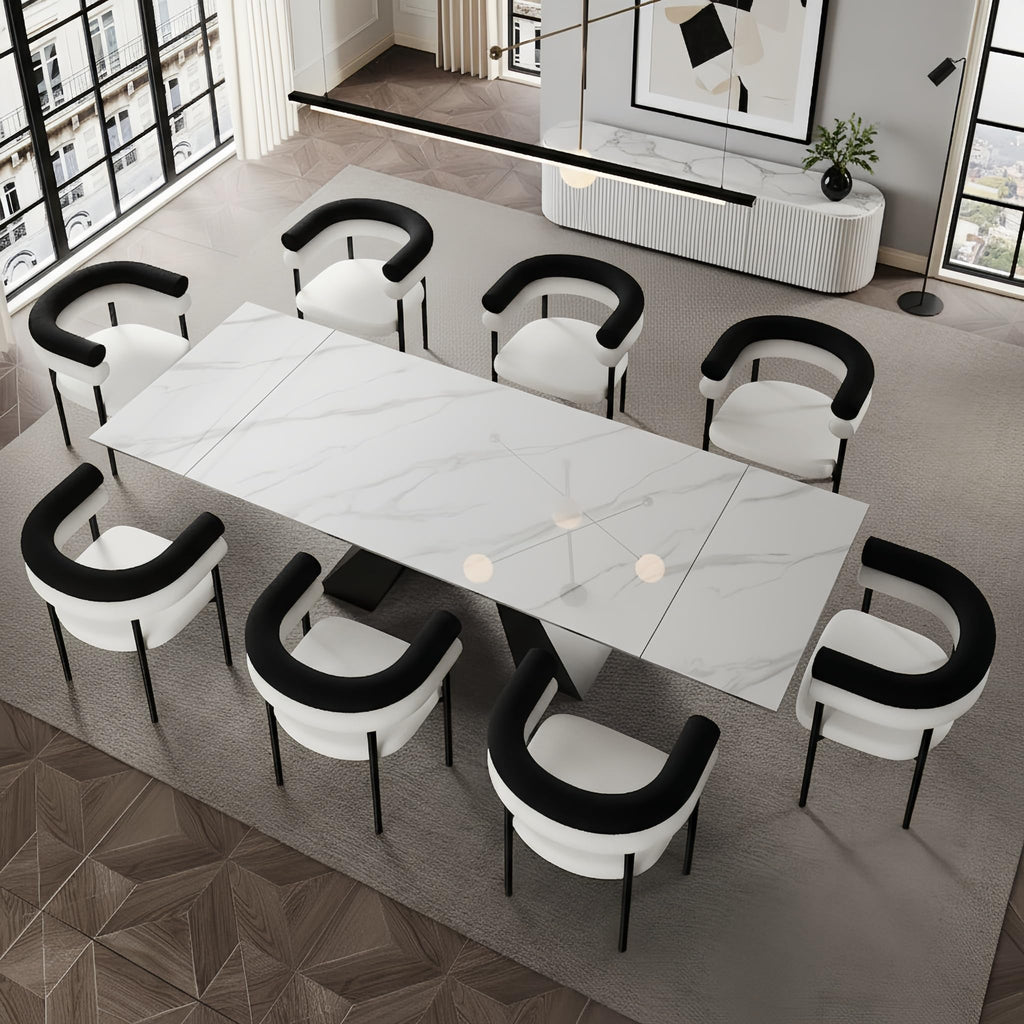 9 Piece Marble Expandable Table Set with 8 Comfy Dining Chairs